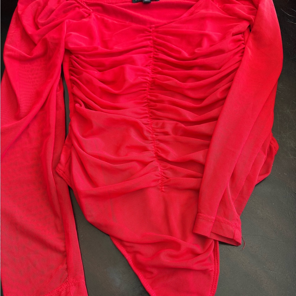 Vibrant Red Ruched Mesh Top/Bodysuit